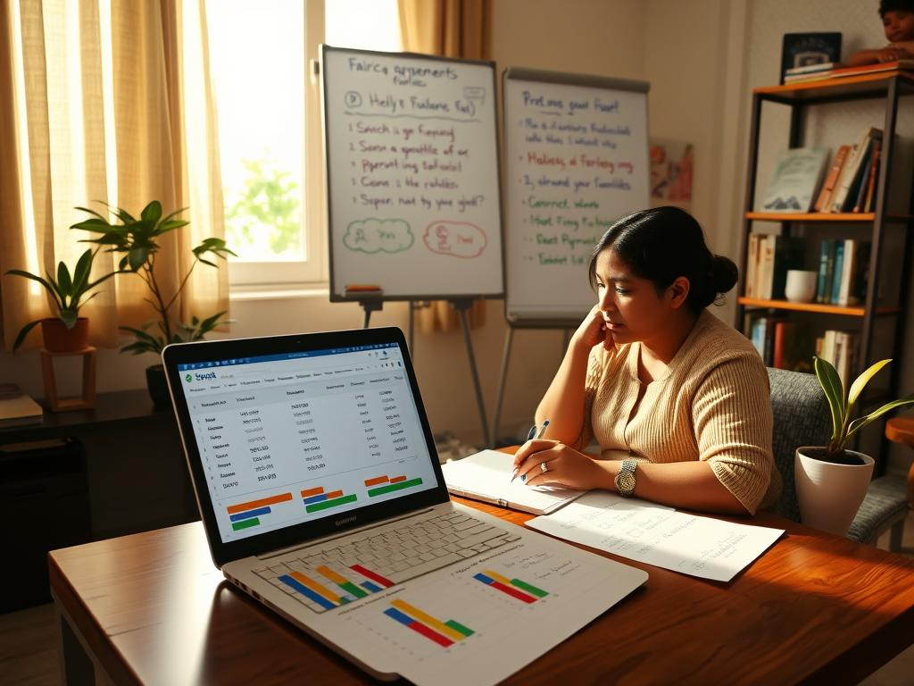 A cozy, professional home office setting in Honduras, illuminated by soft, natural light pouring in from a large window. In the foreground, a laptop is open showing a clear spreadsheet with calculations for hourly rates, surrounded by colorful charts. A modestly dressed person sits at the desk, looking thoughtful as they jot down notes on pricing strategies. In the middle ground, a whiteboard is filled with illustrations depicting fair payment agreements, alongside a small potted plant adding a touch of warmth. The background features a well-organized shelf with parenting books and resources. The atmosphere is focused and collaborative, reflecting a supportive environment for families. The overall color palette is warm and inviting, encouraging a sense of professionalism and care.
