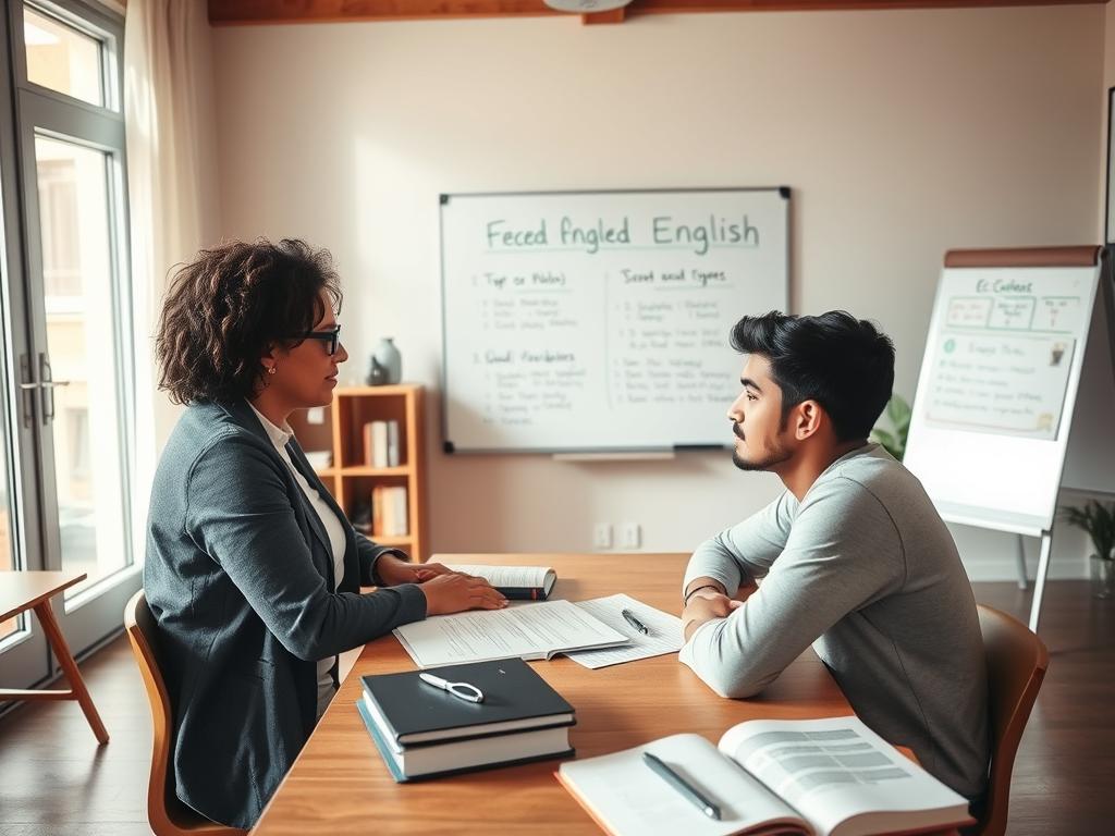 A cozy, well-lit classroom with a modern feel, showcasing a tailored English tutoring session. In the foreground, a certified English tutor, a middle-aged woman of diverse descent, is attentively guiding a young adult student of Hispanic descent, seated at a wooden desk surrounded by books. Both are engaged in conversation, with diagrams and study materials spread out before them. In the middle ground, a whiteboard displays English vocabulary and grammar rules, emphasizing a personalized teaching approach. The background reveals a large window with natural light streaming in, giving the room a warm atmosphere. The mood is focused yet friendly, fostering an environment conducive to learning, with soft shadows and vibrant colors that evoke a sense of encouragement and professionalism.