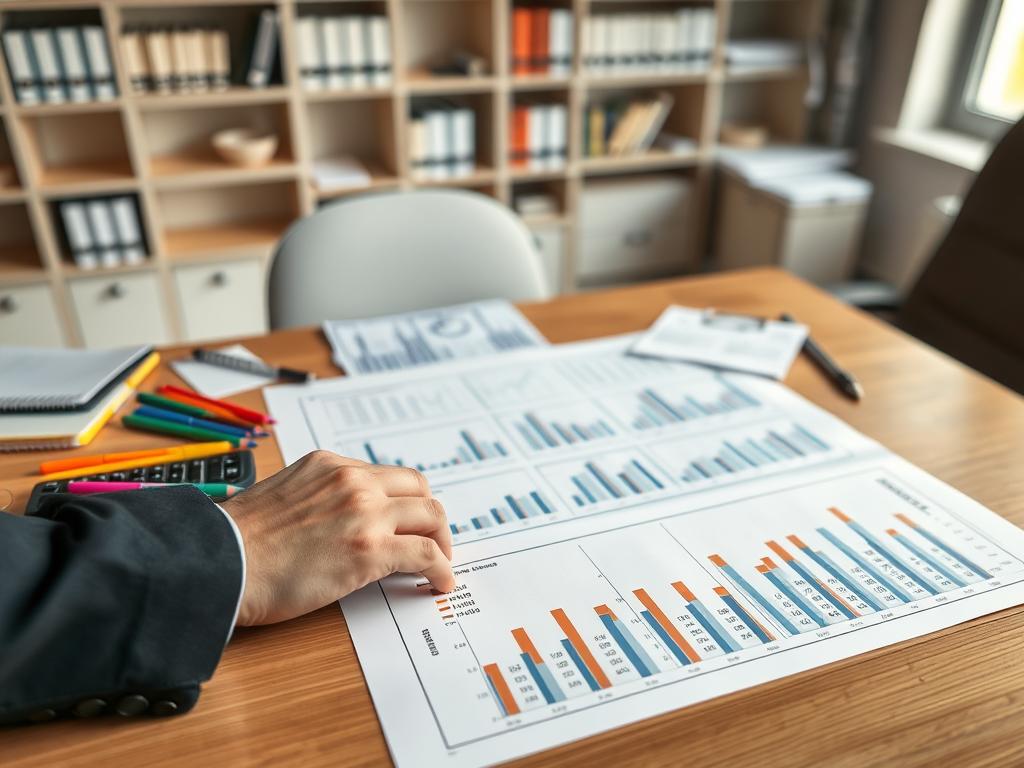 A detailed plan de cuentas laid out on a wooden desk, surrounded by accounting tools such as a calculator, colored pens, and a notepad. In the foreground, a professional business person, dressed in smart attire, is reviewing the accounts plan attentively. In the middle ground, a series of neatly organized charts and graphs are displayed, showing financial data and movement in an easy-to-understand format. The background features a softly lit office environment, with shelves filled with accounting books and a window allowing natural light to filter in. The atmosphere conveys focus and professionalism, highlighting the importance of organization in basic accounting practices. The scene is captured with a slight overhead angle to emphasize both the plan de cuentas and the engaged professional. A detailed plan de cuentas laid out on a wooden desk, surrounded by accounting tools such as a calculator, colored pens, and a notepad. In the foreground, a professional business person, dressed in smart attire, is reviewing the accounts plan attentively. In the middle ground, a series of neatly organized charts and graphs are displayed, showing financial data and movement in an easy-to-understand format. The background features a softly lit office environment, with shelves filled with accounting books and a window allowing natural light to filter in. The atmosphere conveys focus and professionalism, highlighting the importance of organization in basic accounting practices. The scene is captured with a slight overhead angle to emphasize both the plan de cuentas and the engaged professional.