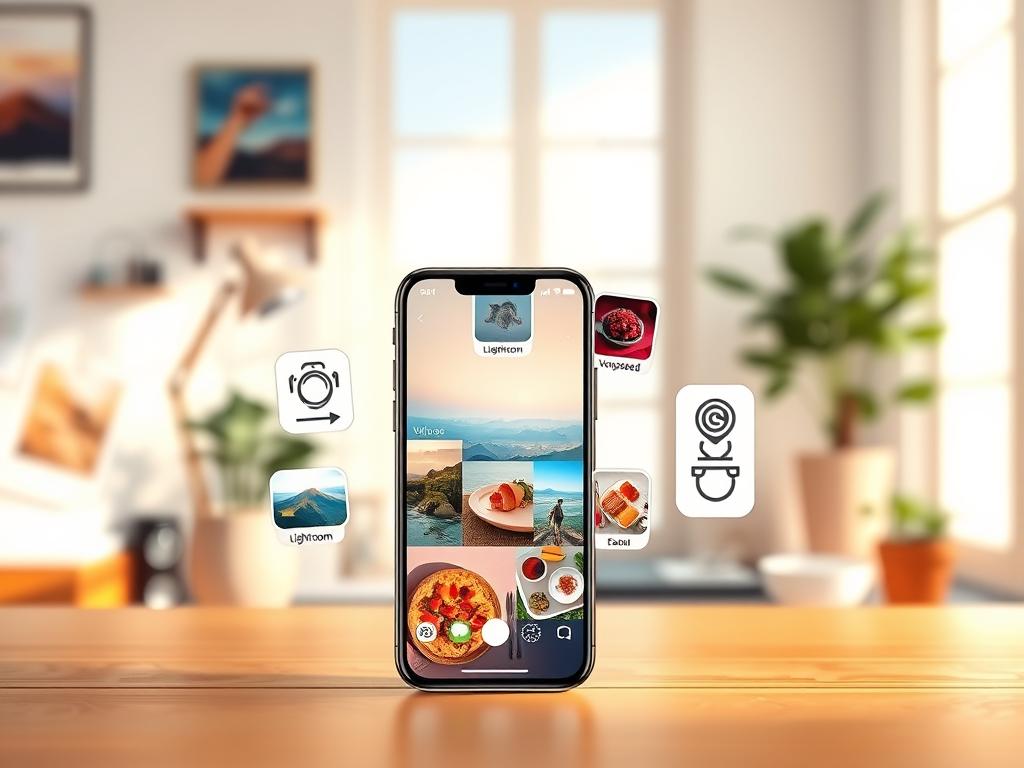 A digital illustration of a vibrant Instagram stories layout showcasing various photo editing apps suitable for influencers. In the foreground, feature a smartphone displaying colorful and eye-catching stories with beautiful photography of landscapes and food. The middle layer includes elegant icons of popular editing apps like Lightroom, VSCO, and Snapseed arranged creatively around the phone. In the background, depict a serene workspace setting with soft natural lighting coming from a window, lending warmth and creativity to the scene. Ensure the atmosphere feels inspiring and professional, with a focus on enhancing the content for various social media types. The composition should convey a sense of creativity and professionalism without any text, logos, or distractions. A digital illustration of a vibrant Instagram stories layout showcasing various photo editing apps suitable for influencers. In the foreground, feature a smartphone displaying colorful and eye-catching stories with beautiful photography of landscapes and food. The middle layer includes elegant icons of popular editing apps like Lightroom, VSCO, and Snapseed arranged creatively around the phone. In the background, depict a serene workspace setting with soft natural lighting coming from a window, lending warmth and creativity to the scene. Ensure the atmosphere feels inspiring and professional, with a focus on enhancing the content for various social media types. The composition should convey a sense of creativity and professionalism without any text, logos, or distractions.