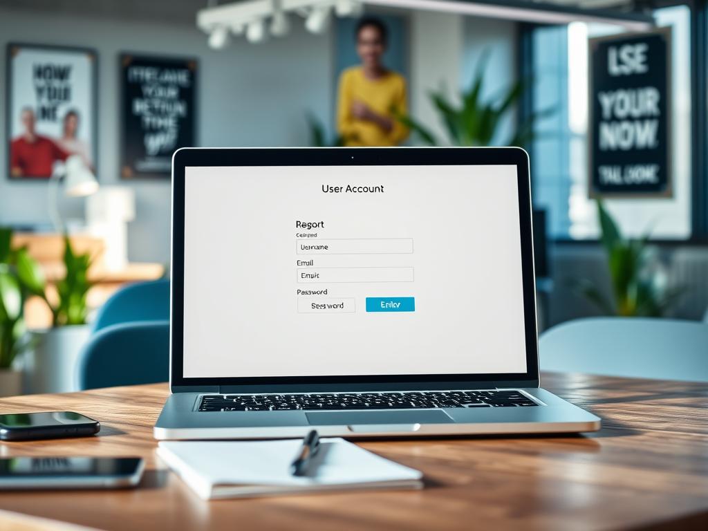 A digital workspace setting, featuring an open laptop on a wooden desk displaying a user registration form for an online account. The foreground includes a clean, organized workspace with a smartphone and a notepad next to the laptop. In the middle, the laptop screen shows clear fields for personal data entry like "Username," "Email," and "Password," with a subtle glow highlighting the active input areas. The background is softly blurred, showing a modern office environment with greenery and motivational posters, creating an inviting atmosphere. Bright, natural lighting enters from a nearby window, casting soft shadows. The mood is professional and focused, emphasizing the importance of creating an account accurately and efficiently. A digital workspace setting, featuring an open laptop on a wooden desk displaying a user registration form for an online account. The foreground includes a clean, organized workspace with a smartphone and a notepad next to the laptop. In the middle, the laptop screen shows clear fields for personal data entry like "Username," "Email," and "Password," with a subtle glow highlighting the active input areas. The background is softly blurred, showing a modern office environment with greenery and motivational posters, creating an inviting atmosphere. Bright, natural lighting enters from a nearby window, casting soft shadows. The mood is professional and focused, emphasizing the importance of creating an account accurately and efficiently.