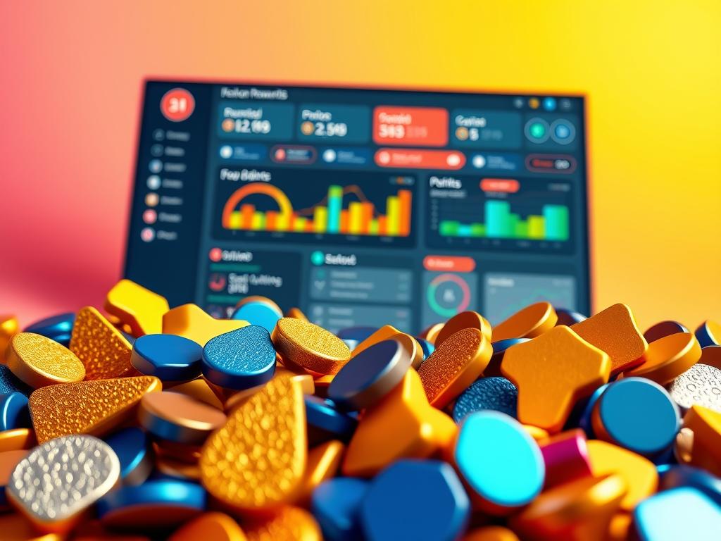 A dynamic, visually engaging composition illustrating a variety of reward points, or "puntos," symbolizing loyalty and value. In the foreground, an array of colorful, stylized points in different sizes and shapes, displaying textures like glimmering gold and vibrant blue hues. In the middle ground, a sleek, modern digital interface showing a dashboard with graphs and charts depicting balances and rewards management. The background features a soft gradient of warm colors, creating an inviting atmosphere. Use soft, ambient lighting to enhance the sense of optimism and excitement around earning and managing rewards. The angle is slightly top-down, providing a comprehensive view of the points and interface, ensuring clarity and focus on the subject. A dynamic, visually engaging composition illustrating a variety of reward points, or "puntos," symbolizing loyalty and value. In the foreground, an array of colorful, stylized points in different sizes and shapes, displaying textures like glimmering gold and vibrant blue hues. In the middle ground, a sleek, modern digital interface showing a dashboard with graphs and charts depicting balances and rewards management. The background features a soft gradient of warm colors, creating an inviting atmosphere. Use soft, ambient lighting to enhance the sense of optimism and excitement around earning and managing rewards. The angle is slightly top-down, providing a comprehensive view of the points and interface, ensuring clarity and focus on the subject.