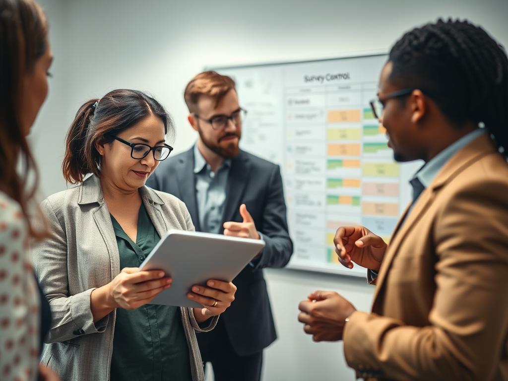 A focused, professional office setting featuring a diverse group of individuals engaged in a lively discussion about survey participation. In the foreground, a middle-aged woman in smart casual attire is reviewing survey results on a tablet, expressing curiosity and thoughtfulness. To her side, a young man in a business suit is pointing at a chart on the wall, illustrating the concept of quality control in survey responses. In the background, a softly blurred view of a large whiteboard filled with colorful markers, highlighting various survey filters and criteria. The lighting is bright and neutral, creating an inviting atmosphere, while a slight depth of field brings attention to the engaged expressions of the individuals, evoking a sense of collaboration and critical thinking. The scene evokes professionalism and a shared commitment to quality in survey responses. A focused, professional office setting featuring a diverse group of individuals engaged in a lively discussion about survey participation. In the foreground, a middle-aged woman in smart casual attire is reviewing survey results on a tablet, expressing curiosity and thoughtfulness. To her side, a young man in a business suit is pointing at a chart on the wall, illustrating the concept of quality control in survey responses. In the background, a softly blurred view of a large whiteboard filled with colorful markers, highlighting various survey filters and criteria. The lighting is bright and neutral, creating an inviting atmosphere, while a slight depth of field brings attention to the engaged expressions of the individuals, evoking a sense of collaboration and critical thinking. The scene evokes professionalism and a shared commitment to quality in survey responses.