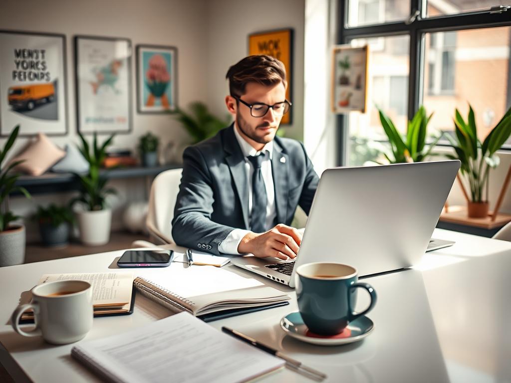 A focused scene of a professional individual sitting at a modern desk, typing a tailored proposal on a laptop, surrounded by vibrant office decor. The foreground features a clean workspace with open notebooks, a steaming cup of coffee, and digital devices, conveying organization and creativity. In the middle, we see the professional, dressed in smart business attire, deeply engaged in their work with a look of determination and concentration. The background reveals a softly lit office environment with motivational art on the walls and plants for a fresh atmosphere. Natural light pours in from a nearby window, casting soft shadows, enhancing the mood of productivity and opportunity. The overall vibe is motivating and inspiring, perfect for a freelance work context.