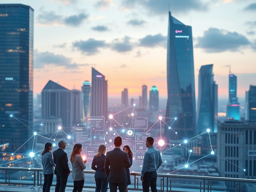 A futuristic cityscape featuring a vibrant digital network, symbolizing artificial intelligence's role in microtasks. In the foreground, a diverse group of professional individuals, dressed in business attire, collaborate around a sleek, holographic interface displaying tasks and data visualizations. The middle section showcases a blend of advanced technology, with glowing nodes and interconnected lines illustrating the flow of microtasks. The background presents a dynamic skyline with high-tech buildings, illuminated by soft blue and purple lighting, creating an ambient atmosphere. The scene conveys innovation, collaboration, and opportunity, set during a late afternoon that enhances the mood with a warm yet energetic glow.