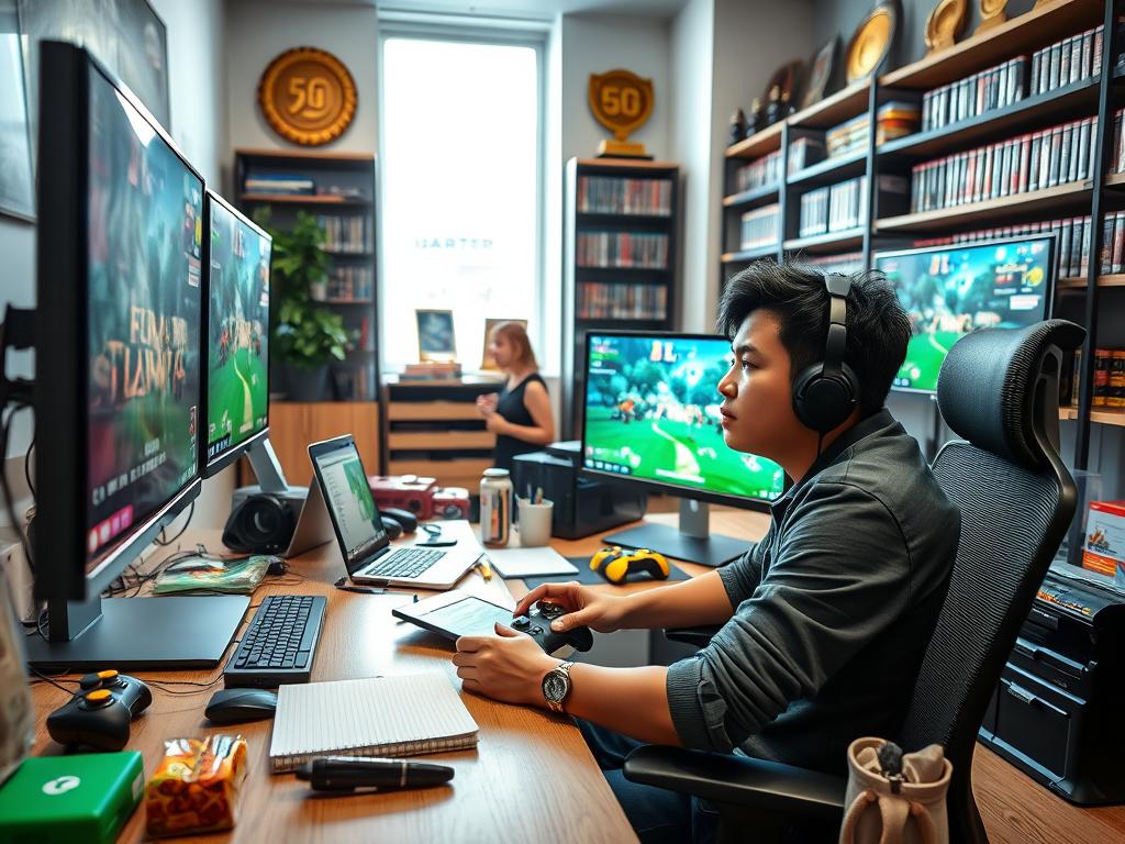 A game tester in a modern office environment sits focused at a desk cluttered with gaming controllers, monitors displaying live gameplay, and various gaming accessories. In the foreground, the tester, a young adult of Asian descent, is wearing casual yet professional attire, intensely analyzing gameplay on the screen, capturing bugs on a notepad. In the middle ground, various gaming paraphernalia and healthy snacks promote a creative workspace. The background features shelves filled with video game cases and awards for excellence in game design. The room is well-lit with natural light streaming in through a nearby window, creating a productive atmosphere. The angle captures the tester's concentration and dedication to video game quality assurance, highlighting a vibrant, dynamic work environment. A game tester in a modern office environment sits focused at a desk cluttered with gaming controllers, monitors displaying live gameplay, and various gaming accessories. In the foreground, the tester, a young adult of Asian descent, is wearing casual yet professional attire, intensely analyzing gameplay on the screen, capturing bugs on a notepad. In the middle ground, various gaming paraphernalia and healthy snacks promote a creative workspace. The background features shelves filled with video game cases and awards for excellence in game design. The room is well-lit with natural light streaming in through a nearby window, creating a productive atmosphere. The angle captures the tester's concentration and dedication to video game quality assurance, highlighting a vibrant, dynamic work environment.
