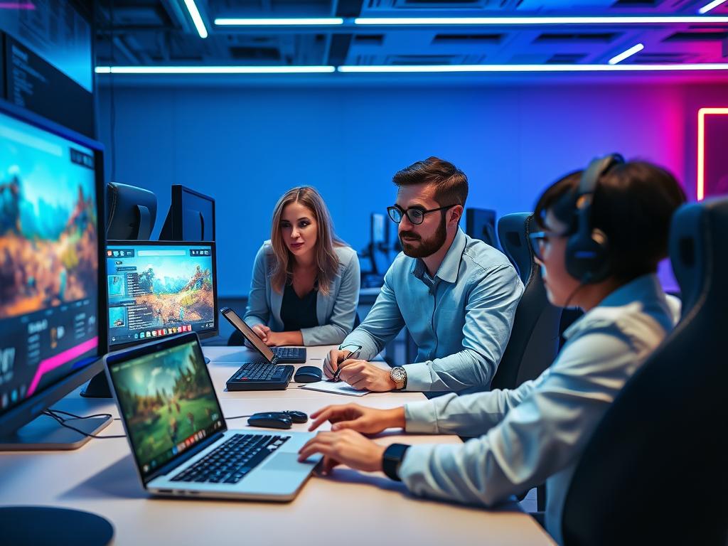 A game testing environment featuring a diverse team of professionals, including a woman and a man in casual business attire, intently evaluating a video game on sleek monitors. In the foreground, focus on a large screen displaying a vibrant game interface with characters and landscapes, while on the left, a laptop shows performance metrics. In the middle, the testers are engaged in discussions, taking notes on ergonomically designed desks. The background reveals dim lighting with colorful LED accents, creating a modern gaming atmosphere. Use a slight angle for a dynamic perspective that captures the energy and collaboration of the team. The mood is focused and innovative, embodying critical areas of gameplay testing for a smooth user experience. A game testing environment featuring a diverse team of professionals, including a woman and a man in casual business attire, intently evaluating a video game on sleek monitors. In the foreground, focus on a large screen displaying a vibrant game interface with characters and landscapes, while on the left, a laptop shows performance metrics. In the middle, the testers are engaged in discussions, taking notes on ergonomically designed desks. The background reveals dim lighting with colorful LED accents, creating a modern gaming atmosphere. Use a slight angle for a dynamic perspective that captures the energy and collaboration of the team. The mood is focused and innovative, embodying critical areas of gameplay testing for a smooth user experience.