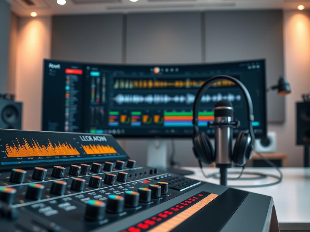 A high-quality digital audio editing tool interface, prominently displayed in the foreground, featuring sleek knobs, colorful waveforms, and intuitive sliders that represent podcast editing functionality. In the middle ground, a modern computer setup with ultrawide monitors showcases the software screen filled with detailed audio tracks, accompanied by headphones and a professional microphone to suggest a podcasting environment. The background showcases a minimalist, stylish studio workspace with soft ambient lighting that creates a focused yet inviting atmosphere. The overall mood exudes professionalism and creativity, ideal for corporate podcast editing. The scene is captured from a slightly angled perspective to provide depth, using soft focus on the background elements for clarity on the editing tools.