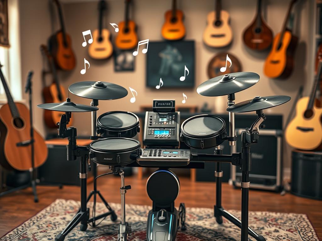 A high-quality image of the Avatar SD201-1 electronic drum set prominently displayed in the foreground, showcasing its sleek, modern design with glossy black and silver accents. Each drum pad is vividly detailed, emphasizing the electronic texture and controls. In the middle ground, include musical notes floating around to create a dynamic atmosphere, symbolizing creativity and rhythm. The background features a softly blurred image of a cozy music studio, with acoustic instruments on the walls, enhancing the traditional Paraguayan music vibe. Utilize warm, soft lighting to create an inviting ambiance, and capture the scene from a slightly elevated angle to showcase the entire drum set along with its features. The mood should be energetic yet inviting, perfect for musicians of all backgrounds.