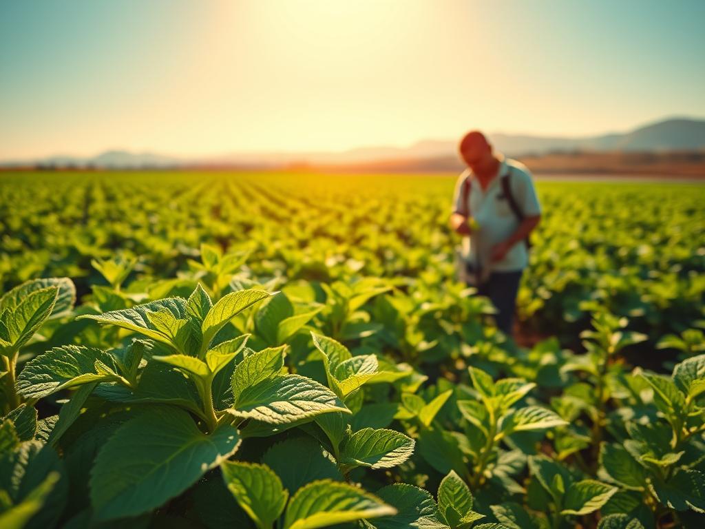 A lush green landscape showcasing an expansive stevia farm in Paraguay, with vibrant rows of stevia plants under a clear blue sky. In the foreground, a close-up of fresh stevia leaves glistening with dew, highlighting their rich color and texture. In the middle ground, a farmer in modest casual clothing gently harvesting the leaves, symbolizing sustainable practices. The background features rolling hills and distant mountains, bathing in warm, golden sunlight that creates a serene and inviting atmosphere. The scene conveys a sense of health, vitality, and connection to nature, emphasizing the natural benefits of organic stevia for a healthier lifestyle. The composition allows for a warm and uplifting mood, inspiring well-being through nature’s bounty.