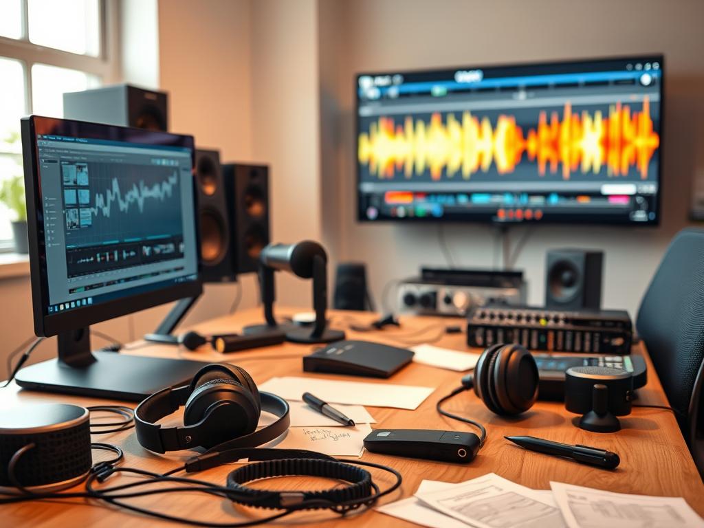 A modern audio editing workspace featuring a sleek computer with digital audio workstation software open on the screen, surrounded by high-quality headphones and audio interfaces. The foreground shows an organized desk with soundproofing panels, microphones, and notes scattered around, emphasizing the meticulous workflow of podcast editing. In the middle ground, a soft-focus window reveals natural light streaming into the room, creating a clean and inviting atmosphere. The background displays vibrant sound waves and audio clips on the screen, symbolizing the editing process. The overall mood is professional and focused, with warm lighting to evoke creativity and productivity.