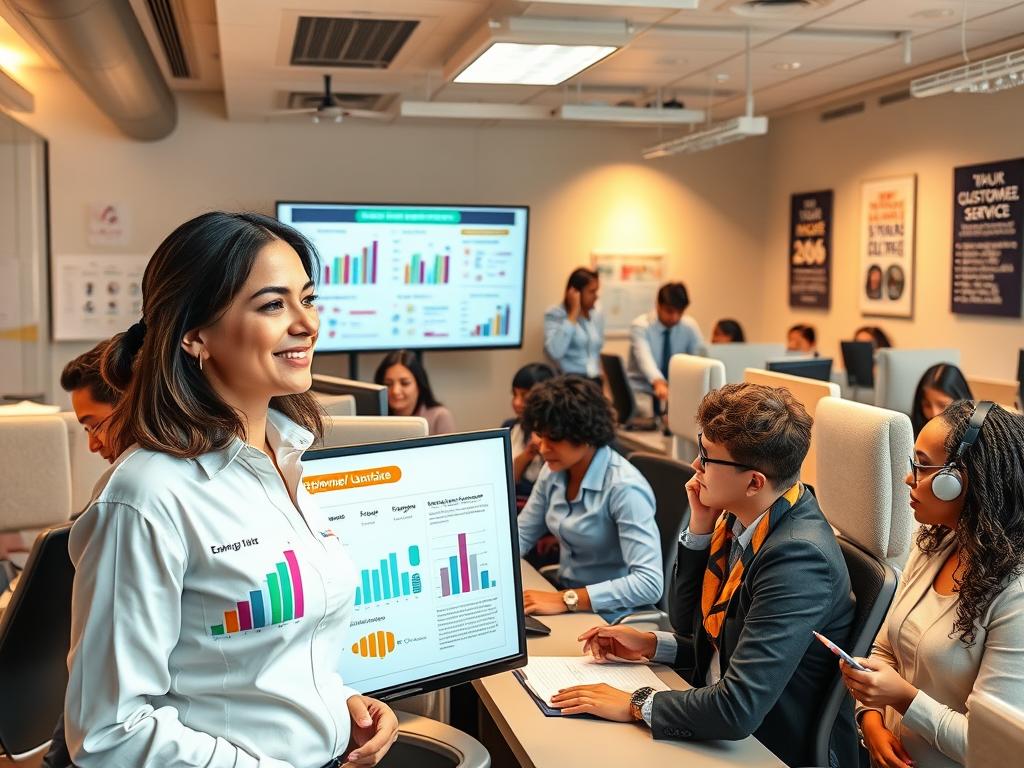 A modern call center environment featuring a diverse group of professional individuals engaged in training sessions. In the foreground, a confident English tutor, dressed in business attire, stands beside a large screen displaying English language charts and graphs. The middle ground showcases attentive call center agents, both men and women of various ethnicities, actively participating in discussions, taking notes, and practicing their speaking skills. Background elements include ergonomic workstations, soundproof booths, and motivational English language posters on the walls. The lighting is bright and inviting, with soft warm tones creating a productive atmosphere. The angle captures a dynamic view of collaboration and learning, emphasizing the focus on customer service skills.