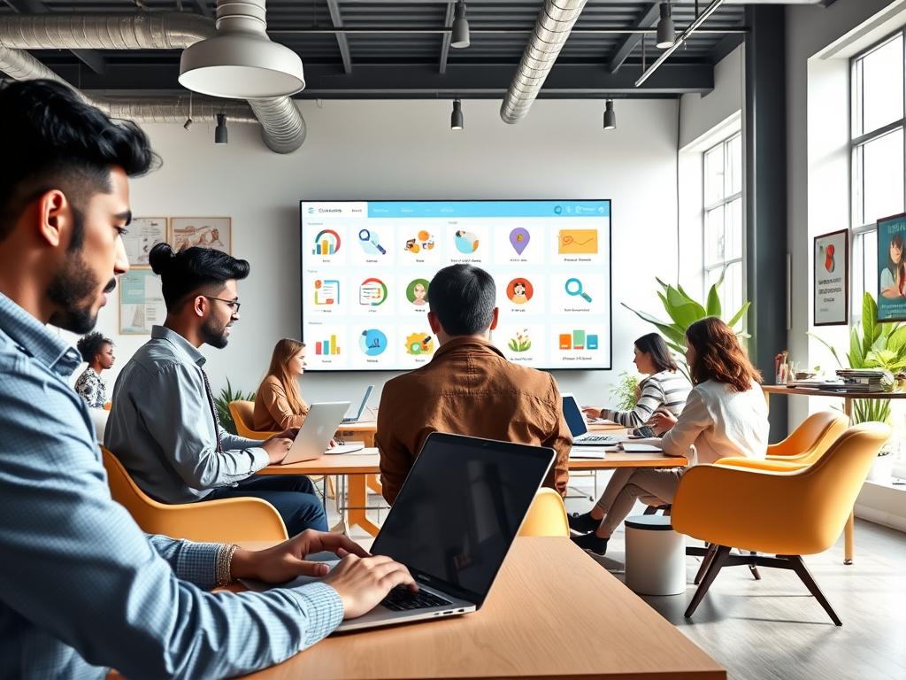 A modern digital workspace illustrating a diverse group of freelancers engaged with microtasks on a vibrant platform. In the foreground, a focused person in professional attire is typing on a laptop, surrounded by colorful charts and illustrations of task lists. In the middle, a large screen displays the platform’s interface with icons representing different tasks and job categories, providing a sense of connection and opportunity. The background features a bright and airy office space with stylish furniture, plants, and motivational posters on the walls. Natural light filters in through a large window, creating an inviting atmosphere conducive to productivity. The mood is energetic and collaborative, highlighting the essence of freelancing and efficiency on the platform.