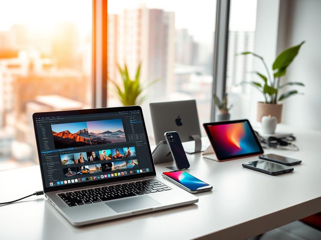 A modern digital workspace showcasing an array of software tools for photo editing. In the foreground, a sleek laptop displays vibrant images being edited in professional photo editing software. Beside it, a tablet showcasing a colorful interface of popular editing apps. In the middle, a clean and organized desk adorned with smartphone models. The background features a softly blurred cityscape view from a large window, hinting at Honduras with tropical plants. Warm, natural light streams in, creating an inviting atmosphere. The image has a professional and aspirational feel, perfect for influencers seeking the best editing tools in 2026. Use a focus lens angle to emphasize the software interfaces and maintain clarity. A modern digital workspace showcasing an array of software tools for photo editing. In the foreground, a sleek laptop displays vibrant images being edited in professional photo editing software. Beside it, a tablet showcasing a colorful interface of popular editing apps. In the middle, a clean and organized desk adorned with smartphone models. The background features a softly blurred cityscape view from a large window, hinting at Honduras with tropical plants. Warm, natural light streams in, creating an inviting atmosphere. The image has a professional and aspirational feel, perfect for influencers seeking the best editing tools in 2026. Use a focus lens angle to emphasize the software interfaces and maintain clarity.