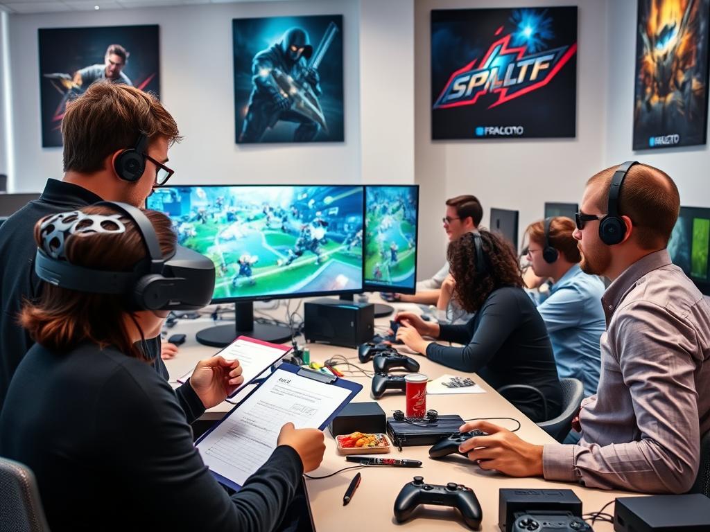 A modern game testing lab, featuring a diverse team of professional testers in smart casual attire, intently focused on various gaming consoles and computers. In the foreground, a tester analyzes gameplay footage on a large monitor, showing intricate graphics from an action-packed video game. To the left, another team member takes notes on a clipboard while observing the gameplay. The middle ground displays desks cluttered with game controllers, VR headsets, and snacks, creating a lively atmosphere. In the background, soft lighting enhances the high-tech environment, with sleek gaming posters adorning the walls. The overall mood conveys concentration and excitement, reflecting the critical phases of game development where testing contributes immense value. A modern game testing lab, featuring a diverse team of professional testers in smart casual attire, intently focused on various gaming consoles and computers. In the foreground, a tester analyzes gameplay footage on a large monitor, showing intricate graphics from an action-packed video game. To the left, another team member takes notes on a clipboard while observing the gameplay. The middle ground displays desks cluttered with game controllers, VR headsets, and snacks, creating a lively atmosphere. In the background, soft lighting enhances the high-tech environment, with sleek gaming posters adorning the walls. The overall mood conveys concentration and excitement, reflecting the critical phases of game development where testing contributes immense value.