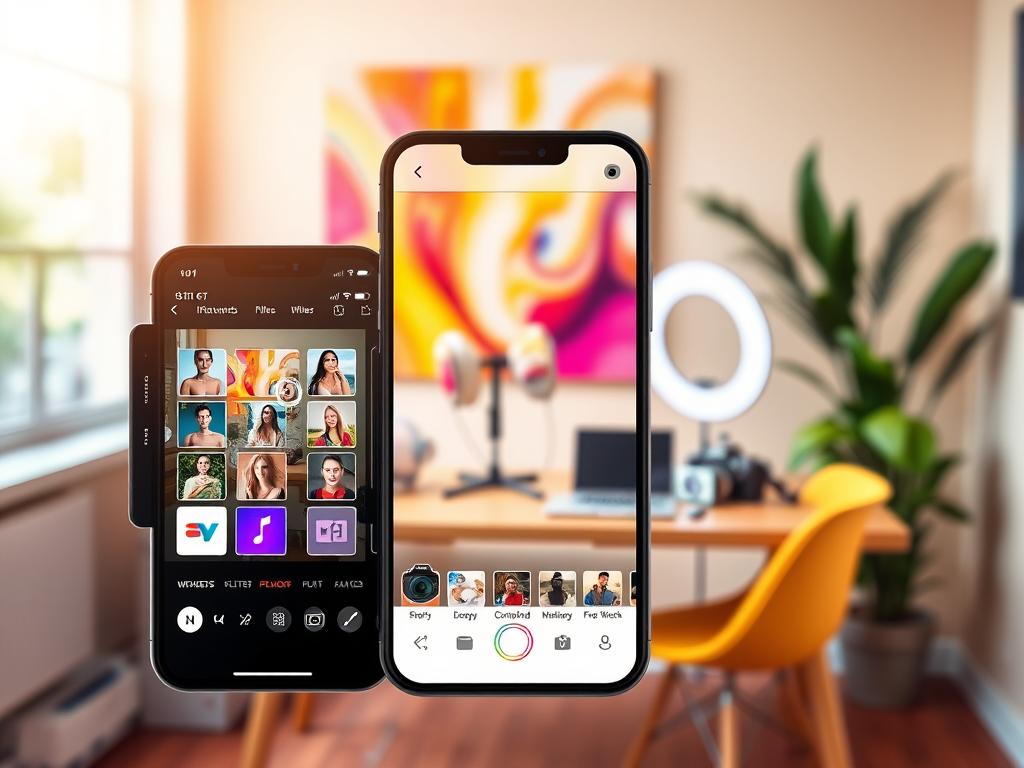 A modern mobile photo editing application interface displayed in a vibrant, colorful environment, focusing on tools and features suitable for social media influencers. In the foreground, a smartphone showcases a user-friendly editing app with various icons like filters, cropping options, and enhancement tools. The middle layer features a stylish desk with photography gear, such as a ring light and camera, symbolizing the influencer's creative workspace. The background includes a soft-focus aesthetic of bright, abstract art or a blurred nature scene that evokes inspiration. Natural light pours in from a window, casting a warm glow, while the overall atmosphere feels energetic and innovative, appealing to a tech-savvy audience. A modern mobile photo editing application interface displayed in a vibrant, colorful environment, focusing on tools and features suitable for social media influencers. In the foreground, a smartphone showcases a user-friendly editing app with various icons like filters, cropping options, and enhancement tools. The middle layer features a stylish desk with photography gear, such as a ring light and camera, symbolizing the influencer's creative workspace. The background includes a soft-focus aesthetic of bright, abstract art or a blurred nature scene that evokes inspiration. Natural light pours in from a window, casting a warm glow, while the overall atmosphere feels energetic and innovative, appealing to a tech-savvy audience.