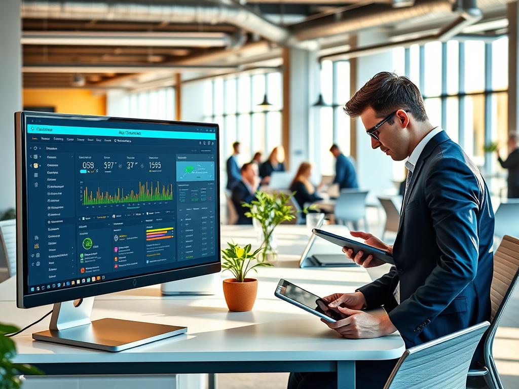 A modern office environment showcasing a digital bug tracking system in action. In the foreground, a computer screen displays a colorful and organized bug tracking dashboard with visual indicators, graphs, and bug report details. To the side, a focused professional in smart casual attire is analyzing the screen while taking notes on a digital tablet. The middle ground features a clean workspace with a potted plant and minimalistic design elements, evoking a sense of productivity. The background reveals an open-plan office with colleagues collaborating in small groups, illustrating teamwork. Warm, natural lighting streams through large windows, casting soft shadows. The atmosphere is dynamic yet professional, reflecting the efficient workflow of app testing processes.
