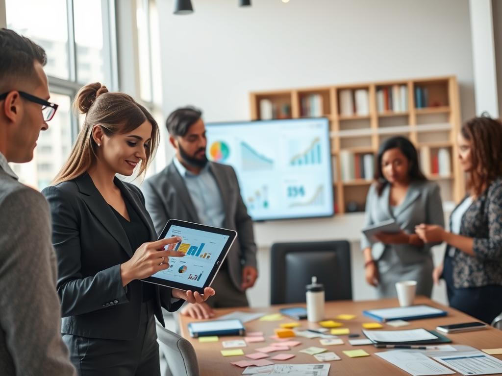 A modern office environment with a diverse group of professionals collaborating on a user experience project. In the foreground, a woman in professional attire is examining a tablet displaying app designs, while a man beside her takes notes. The middle layer features a large screen displaying user metrics and analytics, alongside sticky notes and brainstorming materials scattered on a table. In the background, a bright, well-lit space includes shelves with books on UX design and technology. Soft, natural lighting filters through large windows, creating an inviting atmosphere. The mood is energetic and focused, reflecting teamwork and innovation in user experience testing. A modern office environment with a diverse group of professionals collaborating on a user experience project. In the foreground, a woman in professional attire is examining a tablet displaying app designs, while a man beside her takes notes. The middle layer features a large screen displaying user metrics and analytics, alongside sticky notes and brainstorming materials scattered on a table. In the background, a bright, well-lit space includes shelves with books on UX design and technology. Soft, natural lighting filters through large windows, creating an inviting atmosphere. The mood is energetic and focused, reflecting teamwork and innovation in user experience testing.