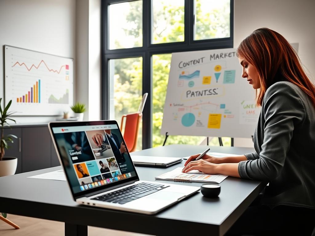 A modern office space designed for small and medium enterprises, featuring a sleek desk with a laptop open to a visually appealing website. In the foreground, a professional woman in smart casual attire is focused on her work, surrounded by colorful charts and digital marketing materials. The middle ground showcases a large window with sunlight streaming in, highlighting the vibrant greenery outside. The background features a whiteboard with strategic content marketing ideas sketched out in bright colors. The scene is well-lit with natural light, creating an inviting and productive atmosphere. The angle captures a dynamic perspective, emphasizing the interaction between the workspace elements and the content design.