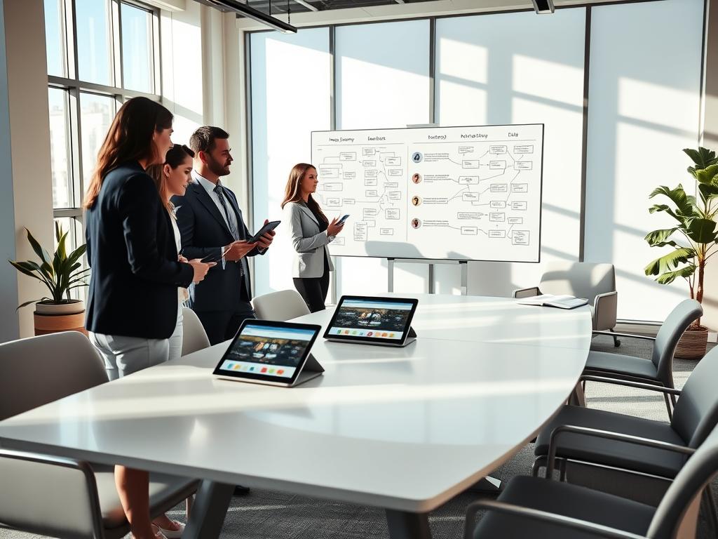 A modern office space showcasing "user experience architecture" in web design, featuring a collaborative team discussing intuitive navigation solutions. In the foreground, three professionals in business attire are gathered around a sleek, minimalist table with digital mockups of a website displayed on tablets and laptops. The middle ground captures an interactive whiteboard filled with flowcharts and user journey maps, illustrating a seamless navigation experience. In the background, large windows allow natural light to flood the room, creating a warm and inviting atmosphere. Soft shadows enhance the clean lines of contemporary furniture and the technology used, conveying a sense of innovation and professionalism. The overall mood is one of creativity and focus, aimed at optimizing user engagement and interface design.