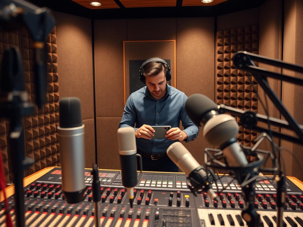 A modern podcast recording studio, featuring high-quality microphones and sleek audio equipment in the foreground, including a soundboard and headphones. In the middle, a professional audio engineer fine-tuning levels on a digital interface, dressed in smart casual attire. The background showcases soundproof foam panels lining the walls, adding a sophisticated touch to the atmosphere. Soft, warm lighting creates an inviting environment, with subtle shadows enhancing the texture of the equipment. The overall mood is one of focus and professionalism, conveying a sense of dedication to high audio quality and streamlined post-production processes. The camera angle is slightly above eye level, capturing the full setup and emphasizing the importance of sound in corporate podcasting.