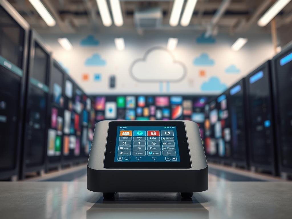 A modern, sleek cloud access device in focus, showcasing its glowing screen with app testing interfaces. Surround it with blurred images of diverse mobile devices in a vibrant array of colors, symbolizing a device farm's capabilities. In the background, a tech-themed workspace featuring servers and cloud graphics with a soft blue and white color palette, giving a sense of advanced technology and connectivity. The lighting is bright and airy, creating a professional atmosphere, with high contrast to emphasize the device. The angle is slightly above eye level, offering a comprehensive view of the device and its surroundings. The mood is innovative and efficient, capturing the essence of modern app testing infrastructure. A modern, sleek cloud access device in focus, showcasing its glowing screen with app testing interfaces. Surround it with blurred images of diverse mobile devices in a vibrant array of colors, symbolizing a device farm's capabilities. In the background, a tech-themed workspace featuring servers and cloud graphics with a soft blue and white color palette, giving a sense of advanced technology and connectivity. The lighting is bright and airy, creating a professional atmosphere, with high contrast to emphasize the device. The angle is slightly above eye level, offering a comprehensive view of the device and its surroundings. The mood is innovative and efficient, capturing the essence of modern app testing infrastructure.