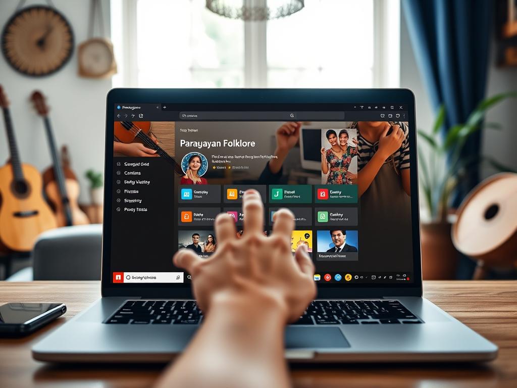 A modern, user-friendly web interface displayed on a computer screen, showcasing a step-by-step guide to streaming Paraguayan folklore music. The foreground features a sleek laptop with an open browser, displaying colorful icons and an organized layout for easy navigation. In the middle ground, include a hand reaching towards the screen, indicating interaction with the guide. The background is softly blurred, featuring an inviting workspace with Paraguayan folklore elements like traditional instruments and cultural decor. Natural light streams in through a window, creating a warm and engaging atmosphere. The focus is on the laptop screen and the step-by-step elements, evoking a sense of guidance and accessibility for users. A modern, user-friendly web interface displayed on a computer screen, showcasing a step-by-step guide to streaming Paraguayan folklore music. The foreground features a sleek laptop with an open browser, displaying colorful icons and an organized layout for easy navigation. In the middle ground, include a hand reaching towards the screen, indicating interaction with the guide. The background is softly blurred, featuring an inviting workspace with Paraguayan folklore elements like traditional instruments and cultural decor. Natural light streams in through a window, creating a warm and engaging atmosphere. The focus is on the laptop screen and the step-by-step elements, evoking a sense of guidance and accessibility for users.