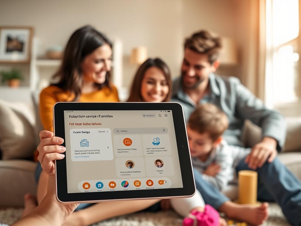 A modern, visually attractive depiction of a premium subscription service for families. Foreground: an elegant digital tablet displaying a sleek subscription interface with icons representing benefits. Middle: a happy family sitting together—parents in smart casual attire, a child playing nearby, all engaged with the tablet. Background: a cozy living room with warm lighting, couches, and family-friendly decor. Soft sunlight streaming through a window adds a welcoming atmosphere. The scene conveys a sense of efficiency, trust, and community, ideal for families seeking reliable childcare solutions. Use a soft focus for the background, highlighting the tablet in sharp detail, with a slight tilt angle to create depth.