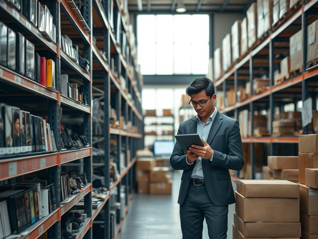 A modern warehouse interior, showcasing an organized stock inventory system. In the foreground, a neatly arranged shelving unit filled with various electronic devices, such as smartphones, laptops, and accessories. A professional-looking individual, dressed in smart casual attire, is examining inventory records on a tablet, standing beside a stack of boxes. In the middle ground, a clear view of the warehouse's open space reveals more shelving units and a computer station, emphasizing efficient stock management. The background features large windows letting in soft, natural light, creating a productive and calm atmosphere. The scene is captured with a slight overhead angle, showcasing the orderly environment and the integration of technology in inventory management. The overall mood is one of efficiency and professionalism, reflecting the modern dropshipping industry. A modern warehouse interior, showcasing an organized stock inventory system. In the foreground, a neatly arranged shelving unit filled with various electronic devices, such as smartphones, laptops, and accessories. A professional-looking individual, dressed in smart casual attire, is examining inventory records on a tablet, standing beside a stack of boxes. In the middle ground, a clear view of the warehouse's open space reveals more shelving units and a computer station, emphasizing efficient stock management. The background features large windows letting in soft, natural light, creating a productive and calm atmosphere. The scene is captured with a slight overhead angle, showcasing the orderly environment and the integration of technology in inventory management. The overall mood is one of efficiency and professionalism, reflecting the modern dropshipping industry.