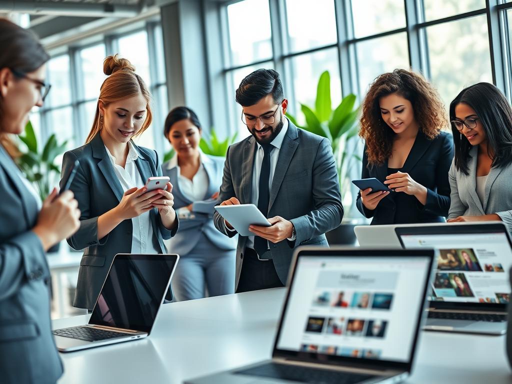 A modern workspace featuring a diverse group of professional individuals engaged with various mobile devices including smartphones and tablets, showcasing responsive web design. In the foreground, a woman in smart casual attire examines a colorful mobile interface on her phone, while a man in a business suit gestures toward a tablet displaying a website. The middle ground consists of sleek desks with laptops open to responsive designs. In the background, large windows allow natural light to flood the space, illuminating vibrant plants. The atmosphere is focused and collaborative, embodying innovation and productivity. The angle is slightly elevated, capturing both the device screens and the engaged expressions of the individuals.