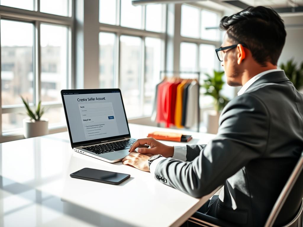A modern workspace scene featuring a professional individual, dressed in smart casual attire, sitting at a sleek desk. The foreground shows the individual focused intently on a laptop screen displaying a user-friendly interface for creating a seller account on a marketplace platform. In the middle ground, there are colorful, neatly arranged clothing items, representing various apparel styles, hinting at the theme of clothing sales. The background is a bright, airy room with large windows allowing natural light to flood in, creating a warm and inviting atmosphere. Soft shadows and reflections on the desk add depth. The overall mood is one of professionalism, trust, and excitement about the potential of becoming a successful seller in the marketplace.