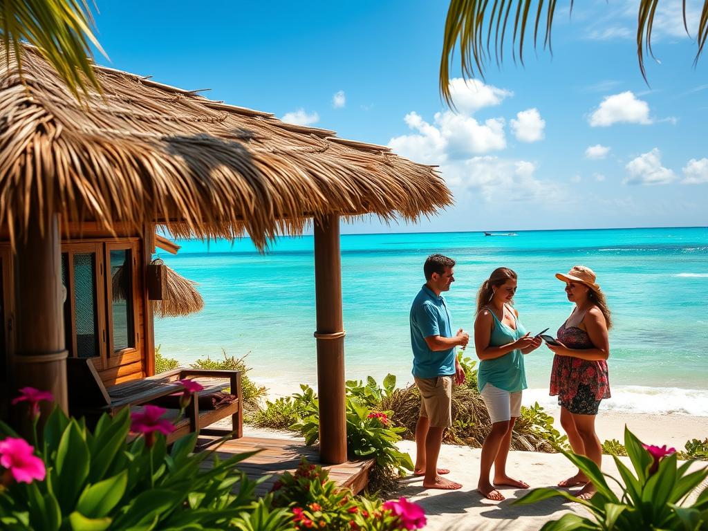 A picturesque scene showcasing the appeal of renting cabanas in Roatán, Honduras. In the foreground, include a cozy, traditional wooden cabana with a thatched roof, surrounded by lush tropical vegetation and vibrant flowers. In the middle ground, display people in modest casual clothing interacting happily, possibly checking prices on a tablet or discussing rental options. In the background, capture the crystal-clear turquoise waters of the Caribbean Sea, with gentle waves lapping against the shore under a bright blue sky. The lighting is warm and inviting, suggesting a sunny day with soft shadows, creating a relaxed and welcoming atmosphere that highlights the essence of vacationing in Roatán.