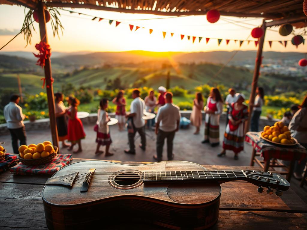 A picturesque view of Choré, San Pedro, capturing the essence of Paraguayan folklore through vibrant landscapes. In the foreground, a traditional Paraguayan guitar rests on a wooden table, adorned with colorful handcrafted textiles and fruits typical of the region. The middle ground showcases a lively outdoor gathering of locals dressed in modest traditional attire, engaged in music and dance, with festive decorations creating an inviting atmosphere. In the background, rolling hills and lush greenery stretch under a warm, golden light of sunset, adding a serene yet vibrant mood. The scene is framed as if shot with a 35mm lens, bringing focus to the joyful interactions while the natural beauty of the area unfolds beyond. The overall atmosphere is lively and celebratory, encapsulating the rich culture of Paraguayan folklore. A picturesque view of Choré, San Pedro, capturing the essence of Paraguayan folklore through vibrant landscapes. In the foreground, a traditional Paraguayan guitar rests on a wooden table, adorned with colorful handcrafted textiles and fruits typical of the region. The middle ground showcases a lively outdoor gathering of locals dressed in modest traditional attire, engaged in music and dance, with festive decorations creating an inviting atmosphere. In the background, rolling hills and lush greenery stretch under a warm, golden light of sunset, adding a serene yet vibrant mood. The scene is framed as if shot with a 35mm lens, bringing focus to the joyful interactions while the natural beauty of the area unfolds beyond. The overall atmosphere is lively and celebratory, encapsulating the rich culture of Paraguayan folklore.