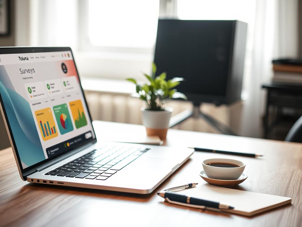 A professional and inviting desk scene depicting a well-organized workspace. In the foreground, a sleek laptop displays a vibrant Toluna survey dashboard with colorful charts and notifications. Surrounding the laptop are neatly arranged stationery items: a notepad, a pen, and a cup of coffee. In the middle ground, a potted plant adds a touch of greenery, symbolizing growth and community. The background is softly blurred, featuring a bright window with natural sunlight streaming in, creating a warm and inviting atmosphere. The overall mood is focused and productive, conveying a sense of secure participation in online surveys. The composition is shot from a slight overhead angle, capturing the entire desk setup with clear, soft lighting to enhance the colors and textures. A professional and inviting desk scene depicting a well-organized workspace. In the foreground, a sleek laptop displays a vibrant Toluna survey dashboard with colorful charts and notifications. Surrounding the laptop are neatly arranged stationery items: a notepad, a pen, and a cup of coffee. In the middle ground, a potted plant adds a touch of greenery, symbolizing growth and community. The background is softly blurred, featuring a bright window with natural sunlight streaming in, creating a warm and inviting atmosphere. The overall mood is focused and productive, conveying a sense of secure participation in online surveys. The composition is shot from a slight overhead angle, capturing the entire desk setup with clear, soft lighting to enhance the colors and textures.