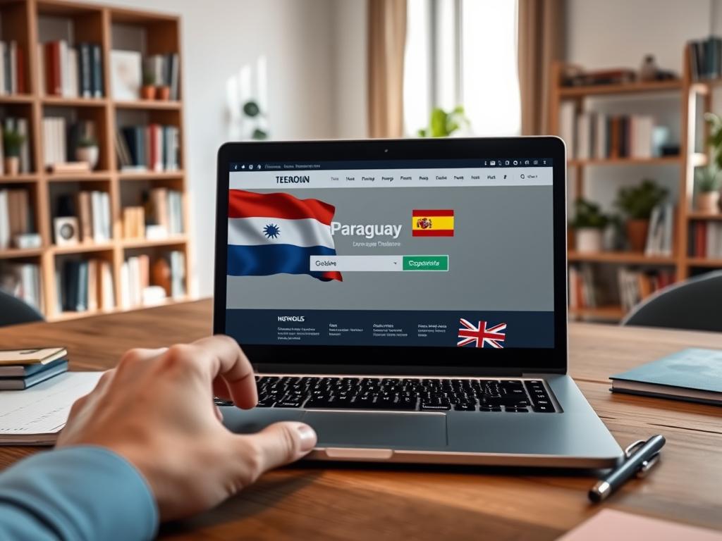 A professional and modern digital workspace featuring a sleek laptop open to a translation website, displaying the flags of Paraguay and Spain on the screen. In the foreground, a hand reaches towards the keyboard, indicating active engagement with the translation process. The middle ground includes a notepad and pen, symbolizing traditional methods alongside digital ones. The background shows a softly lit office space with bookshelves filled with language reference books, enhancing the learning atmosphere. Natural light flows in from a window, creating a warm and inviting mood. The overall color palette consists of earth tones and blues, suggesting a blend of professionalism and creativity in language translation. A professional and modern digital workspace featuring a sleek laptop open to a translation website, displaying the flags of Paraguay and Spain on the screen. In the foreground, a hand reaches towards the keyboard, indicating active engagement with the translation process. The middle ground includes a notepad and pen, symbolizing traditional methods alongside digital ones. The background shows a softly lit office space with bookshelves filled with language reference books, enhancing the learning atmosphere. Natural light flows in from a window, creating a warm and inviting mood. The overall color palette consists of earth tones and blues, suggesting a blend of professionalism and creativity in language translation.