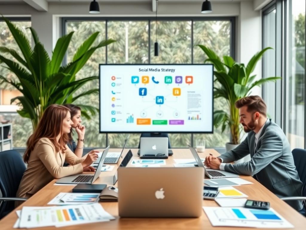 A professional and modern workspace showcasing a strategic social media planning session for an agricultural business. In the foreground, a diverse group of three professionals in business attire, one woman and two men, are gathered around a large table filled with laptops, tablets, and colorful charts depicting social media strategies. In the middle ground, a large screen displays a digital marketing strategy diagram with icons representing different social media platforms. The background features large windows allowing natural light to create a bright, inviting atmosphere, with green plants introducing an element of nature. The mood is focused and collaborative, emphasizing preparation and strategy. The image is captured from a slightly elevated angle to showcase both the participants and the materials on the table, conveying a professional yet approachable vibe.