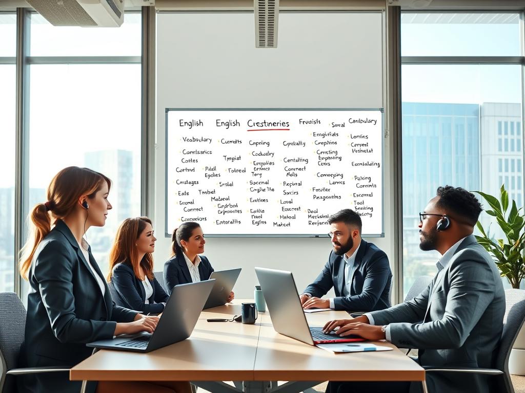 A professional call center environment showcasing English language learning. In the foreground, a diverse group of three individuals, a woman and two men, engaged in conversation, seated at a modern table with laptops and notepads. They are dressed in professional business attire, conveying a sense of professionalism and focus. The middle layer features a whiteboard filled with vocabulary and phrases pertinent to customer service, highlighting the importance of English proficiency. In the background, large windows allow natural light to flood the space, creating an inviting and dynamic atmosphere. Soft shadows enhance the depth of the scene, and the overall mood is collaborative and educational, emphasizing the importance of English skills for call center success.