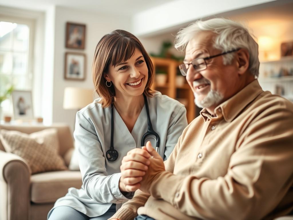 A professional caregiver, a middle-aged woman in a modest casual outfit, is gently assisting an elderly man sitting in a cozy living room filled with natural light. The foreground focuses on their interaction, showcasing the warmth and compassion in her smile as she holds his hands. In the middle background, soft furnishings like a cushy armchair and throw pillows create a welcoming atmosphere, while subtle details such as family photographs on the walls hint at a sense of home and care. The lighting is warm and inviting, emphasizing a nurturing mood. The camera angle is slightly above eye level, capturing both their expressions well, creating a sense of connection and trust. The overall ambiance reflects the essence of ideal caregiving and support.