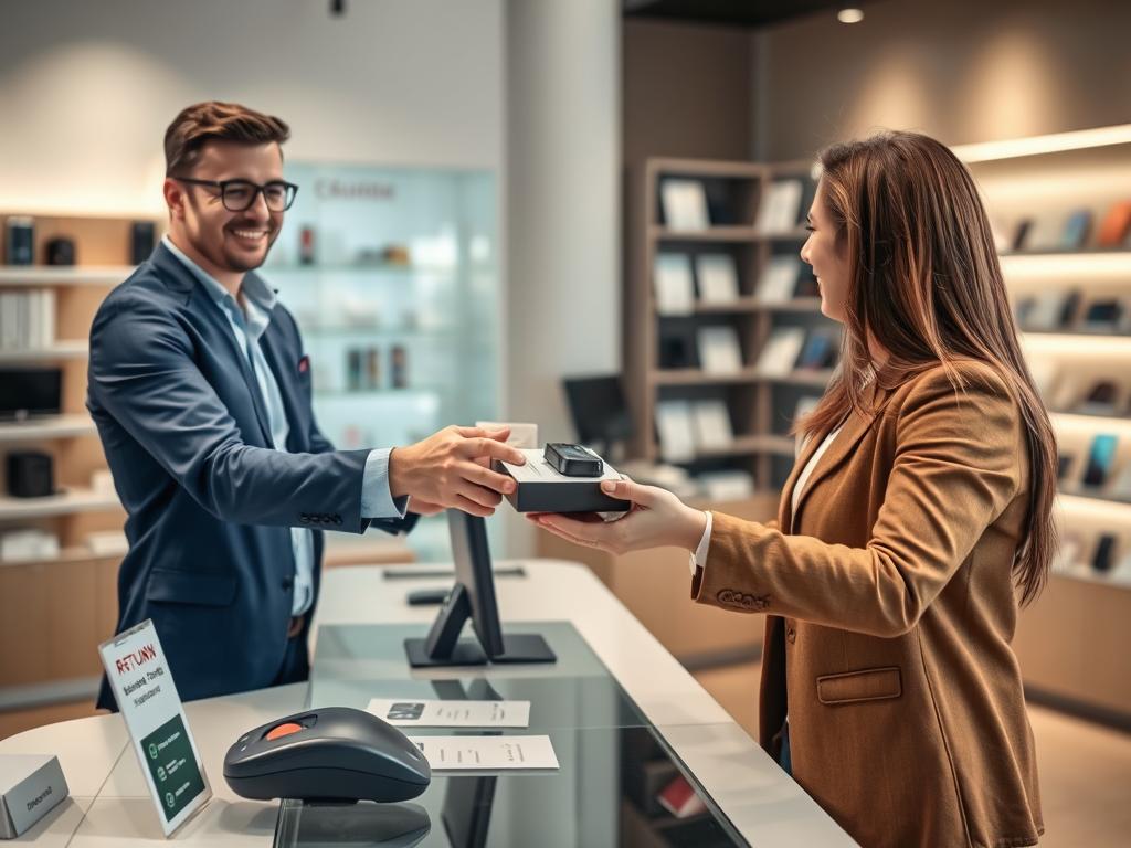 A professional, modern office environment featuring a friendly customer service representative in business attire assisting a customer with product returns. In the foreground, the representative is handing over a well-packaged electronic gadget with a clear focus on its quality. The middle ground shows a counter equipped with a scanner and return policy posters neatly arranged in a professional manner. In the background, soft lighting illuminates a well-organized workspace with shelves displaying various electronic gadgets. The overall atmosphere is supportive and efficient, conveying a sense of trust, reliability, and professionalism in handling product returns. The image is captured with a slight depth of field, emphasizing the interaction between the representative and the customer, with a warm, inviting color palette for a welcoming feel. A professional, modern office environment featuring a friendly customer service representative in business attire assisting a customer with product returns. In the foreground, the representative is handing over a well-packaged electronic gadget with a clear focus on its quality. The middle ground shows a counter equipped with a scanner and return policy posters neatly arranged in a professional manner. In the background, soft lighting illuminates a well-organized workspace with shelves displaying various electronic gadgets. The overall atmosphere is supportive and efficient, conveying a sense of trust, reliability, and professionalism in handling product returns. The image is captured with a slight depth of field, emphasizing the interaction between the representative and the customer, with a warm, inviting color palette for a welcoming feel.