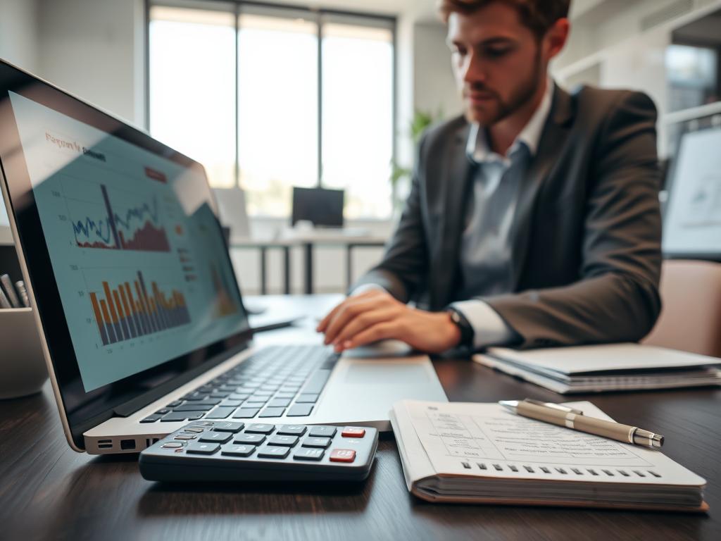 A professional setting showcasing the concept of payments and balance. In the foreground, a close-up of a person in smart casual attire, analyzing a laptop screen displaying payment graphs and statistics. In the middle ground, a neat workspace with an organized desk, featuring a calculator, pen, and notepad with financial notes. The background shows a light-filled office space with a large window, allowing natural light to illuminate the scene, enhancing the focus on the financial elements. The atmosphere is calm and focused, reflecting professionalism and productivity. The angle should be slightly elevated, providing a dynamic view of the person working diligently on their finances, emphasizing clarity and depth. A professional setting showcasing the concept of payments and balance. In the foreground, a close-up of a person in smart casual attire, analyzing a laptop screen displaying payment graphs and statistics. In the middle ground, a neat workspace with an organized desk, featuring a calculator, pen, and notepad with financial notes. The background shows a light-filled office space with a large window, allowing natural light to illuminate the scene, enhancing the focus on the financial elements. The atmosphere is calm and focused, reflecting professionalism and productivity. The angle should be slightly elevated, providing a dynamic view of the person working diligently on their finances, emphasizing clarity and depth.