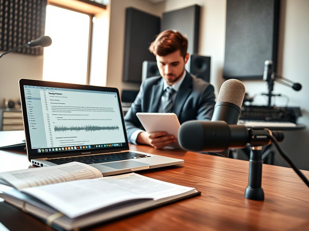 A professional workspace featuring a neatly arranged desk with a laptop open to a script editor displaying a well-structured podcast episode script. Beside the laptop, a notepad filled with notes and an audio waveform visualization. In the foreground, a microphone on a sleek stand captures the essence of podcasting. The middle showcases a focused individual, dressed in smart casual attire, analyzing the script, with natural light filtering through a nearby window creating a warm atmosphere. In the background, soundproofing panels and audio equipment hint at a professional podcast studio. The mood is one of concentration and creativity, embodying the quality and professionalism of corporate podcast editing in Paraguay.