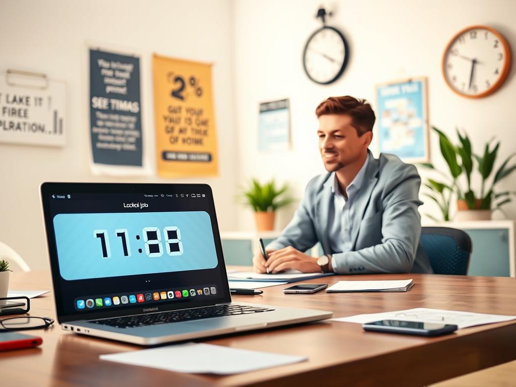 A professional workspace showcasing a "locked job" on a computer screen. In the foreground, a desk features a laptop displaying a timer counting down, representing task completion time. Surrounding the laptop are notes and a smartphone, illustrating organization. The middle layer has a focused individual in professional attire, intently working, with a slight smile, reflecting engagement and productivity. The background depicts a bright, well-lit office with motivational posters, potted plants, and a wall clock emphasizing the importance of time management. Soft, warm lighting sets a positive and inspiring atmosphere, enhancing the sense of urgency and focus associated with completing microtasks. Use a wide-angle lens for depth, creating an immersive scene that highlights the dynamics of a "locked job." A professional workspace showcasing a "locked job" on a computer screen. In the foreground, a desk features a laptop displaying a timer counting down, representing task completion time. Surrounding the laptop are notes and a smartphone, illustrating organization. The middle layer has a focused individual in professional attire, intently working, with a slight smile, reflecting engagement and productivity. The background depicts a bright, well-lit office with motivational posters, potted plants, and a wall clock emphasizing the importance of time management. Soft, warm lighting sets a positive and inspiring atmosphere, enhancing the sense of urgency and focus associated with completing microtasks. Use a wide-angle lens for depth, creating an immersive scene that highlights the dynamics of a "locked job."