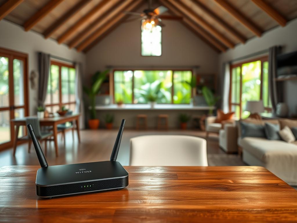 A serene and inviting indoor scene featuring a modern cabin in Roatán, showcasing an elegantly designed open space with a cozy kitchen, a comfortable seating area, and a stylish ambiance. In the foreground, a sleek WiFi router sits on a wooden table, with a gentle glow emanating from it, symbolizing connectivity. The middle of the image presents a bright kitchen with natural light streaming through large windows, highlighting tropical decor and potted plants. In the background, lush greenery can be seen through the windows, suggesting the beauty of Roatán’s nature. The atmosphere is warm and welcoming, evoking a sense of relaxation and comfort, perfect for vacationers who value modern amenities. Soft, diffused lighting enhances the inviting feel of the space.