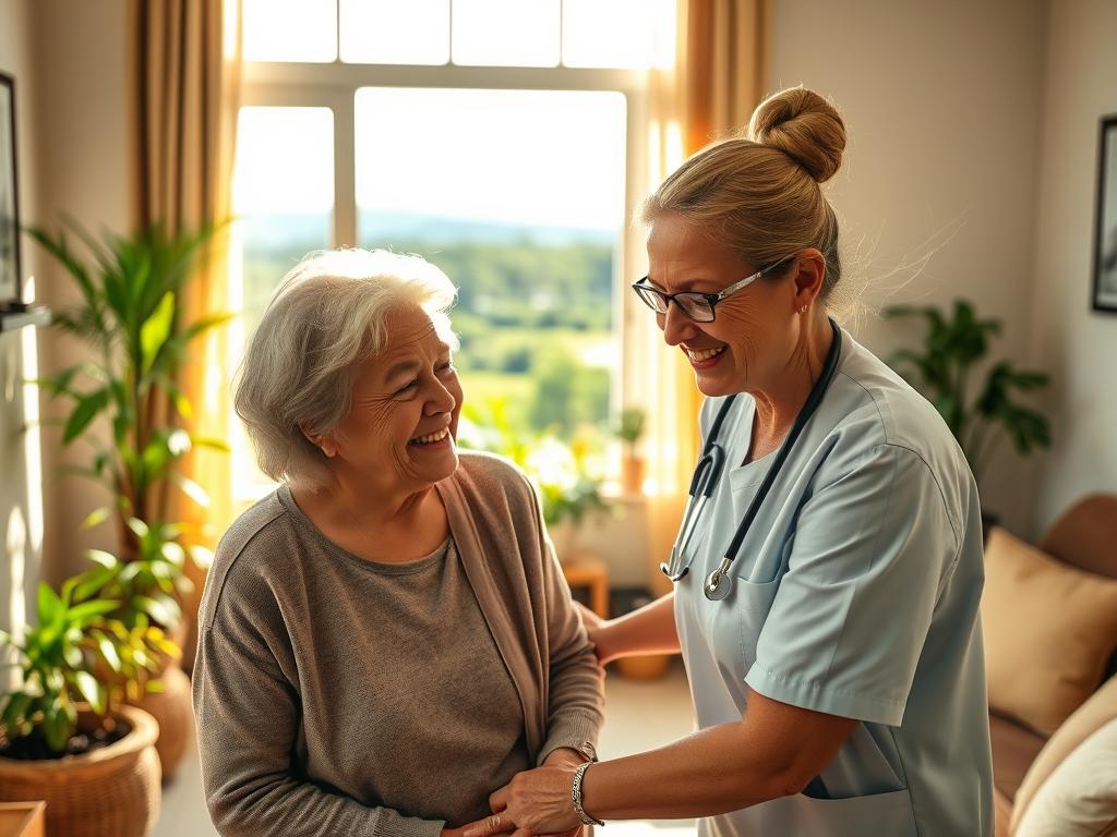 A serene and inviting scene depicting elderly care services offered by Cuideo in Paraguay. In the foreground, a compassionate caregiver, dressed in professional attire, gently assists an elderly woman in a cozy living room setting. The caregiver is smiling, showing warmth and empathy. The middle ground features a bright, well-decorated space with plants, soft lighting, and comfortable furniture, reflecting a nurturing environment. In the background, a window offers a glimpse of the Paraguayan landscape, with lush greenery and a clear blue sky. The atmosphere conveys a sense of safety, support, and community, with warm light filtering through the window to create an uplifting mood. The angle is slightly from above, capturing both the caregiver and the elderly woman in a heartfelt interaction.
