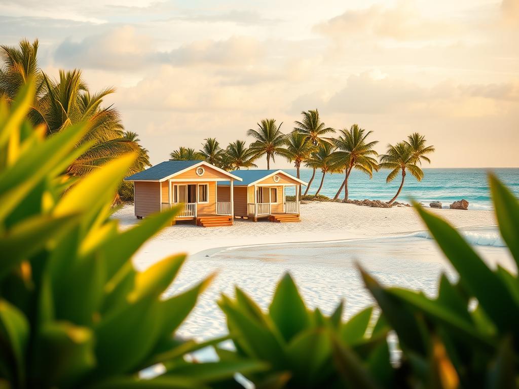 A serene beach scene featuring cozy wooden cabins just a few steps from the shore. In the foreground, vibrant tropical plants frame the cottages, nestled on soft white sands. The middle ground shows two charming beach houses, painted in pastel colors, with cozy porches and inviting decks overlooking the turquoise ocean. Light waves gently lap at the shoreline, reflecting the warm glow of a golden sunset. In the background, a distant cluster of palm trees sways gently in the breeze, under a soft, cloud-streaked sky. The atmosphere is tranquil and inviting, evoking a sense of relaxation and escapism. Capture this scene with a warm, soft focus to enhance the idyllic, peaceful mood.