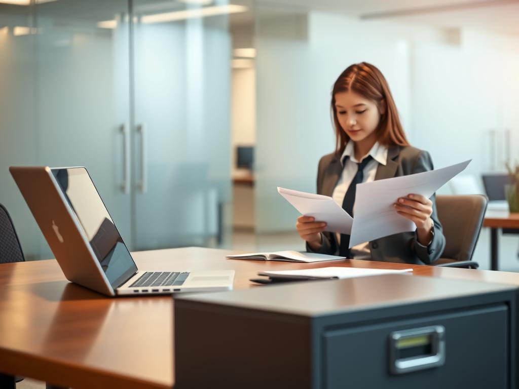 A serene office environment illustrating the concept of privacy and confidentiality. In the foreground, a sleek, modern desk with a closed laptop and a locked filing cabinet emphasizes security. The mid-ground features a professional person wearing business attire, reviewing documents with a thoughtful expression, symbolizing meticulous methodology. The background showcases softly blurred office space with frosted glass partitions, symbolizing separation and privacy. Soft, warm lighting creates an inviting yet serious atmosphere, with a focus on the person's engagement with the materials, conveying meticulous attention to privacy standards. The camera angle is slightly elevated, capturing the essence of a professional workspace while maintaining a sense of confidentiality and rigor. A serene office environment illustrating the concept of privacy and confidentiality. In the foreground, a sleek, modern desk with a closed laptop and a locked filing cabinet emphasizes security. The mid-ground features a professional person wearing business attire, reviewing documents with a thoughtful expression, symbolizing meticulous methodology. The background showcases softly blurred office space with frosted glass partitions, symbolizing separation and privacy. Soft, warm lighting creates an inviting yet serious atmosphere, with a focus on the person's engagement with the materials, conveying meticulous attention to privacy standards. The camera angle is slightly elevated, capturing the essence of a professional workspace while maintaining a sense of confidentiality and rigor.