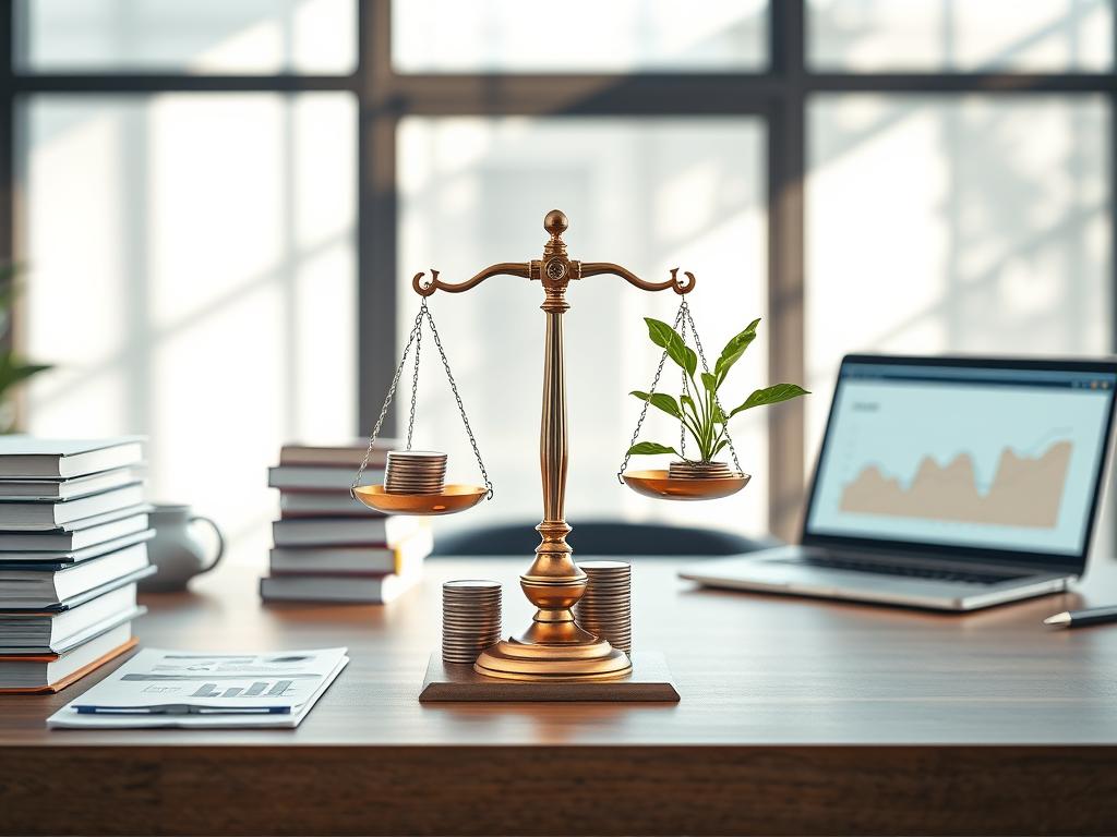 A serene office workspace reflecting the concept of balance, with a beautifully organized desk in the foreground. On one side, a neatly arranged stack of finance books, and on the other, a modern laptop displaying financial graphs. In the middle, a balanced scale symbolizing equity, with stacks of coins on one side and a fresh plant on the other, representing growth. The background features a large window with soft, natural daylight streaming in, casting gentle shadows. The atmosphere is calm and professional, evoking concentration and clarity. The scene is shot from a slightly elevated angle, emphasizing the organized chaos of learning finance while maintaining harmony in the workspace. No people are present, ensuring a focus on the elements representing balance in finance. A serene office workspace reflecting the concept of balance, with a beautifully organized desk in the foreground. On one side, a neatly arranged stack of finance books, and on the other, a modern laptop displaying financial graphs. In the middle, a balanced scale symbolizing equity, with stacks of coins on one side and a fresh plant on the other, representing growth. The background features a large window with soft, natural daylight streaming in, casting gentle shadows. The atmosphere is calm and professional, evoking concentration and clarity. The scene is shot from a slightly elevated angle, emphasizing the organized chaos of learning finance while maintaining harmony in the workspace. No people are present, ensuring a focus on the elements representing balance in finance.