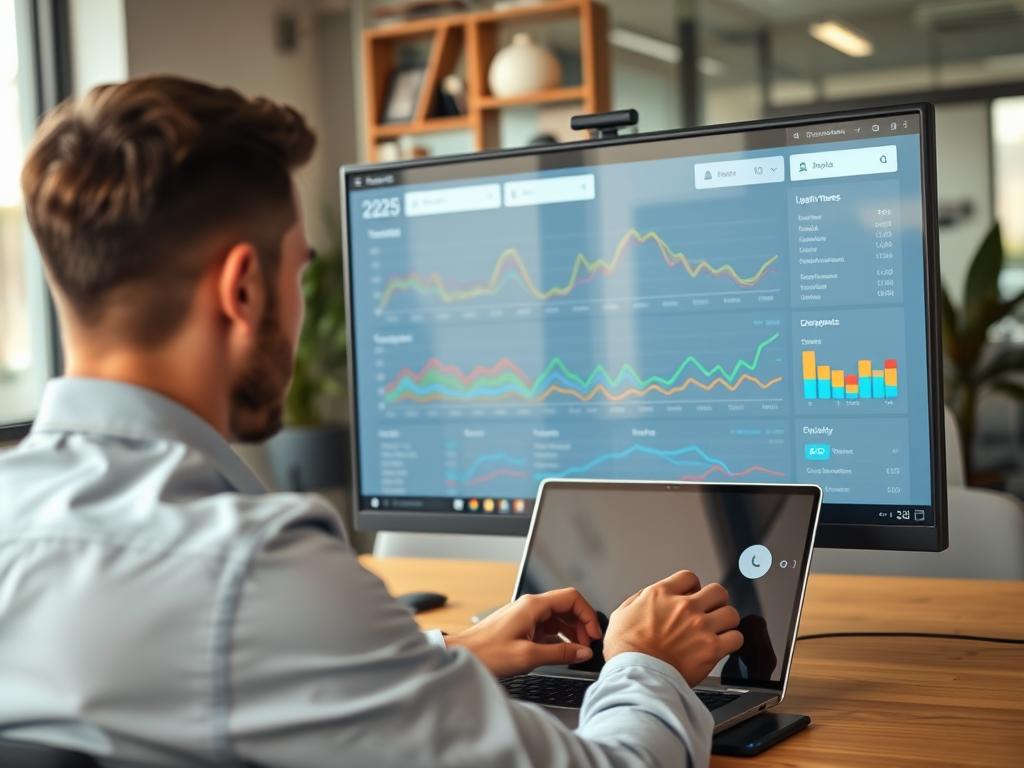 A sleek and modern digital workspace showcasing a user analyzing Google Trends data on a large computer screen. In the foreground, a professional-looking individual in business attire, focused on their laptop, with data charts and graphs prominently displayed on the monitor. In the middle ground, colorful line graphs representing various electronic products trending for 2025, with spikes and dips highlighted. The background features a blurred view of contemporary office decor, conveying a productive atmosphere. Soft, natural lighting from a nearby window illuminates the scene, with a slight focus blur on the background to emphasize the subject. The mood is professional and insightful, encapsulating the essence of market analysis and future trends. A sleek and modern digital workspace showcasing a user analyzing Google Trends data on a large computer screen. In the foreground, a professional-looking individual in business attire, focused on their laptop, with data charts and graphs prominently displayed on the monitor. In the middle ground, colorful line graphs representing various electronic products trending for 2025, with spikes and dips highlighted. The background features a blurred view of contemporary office decor, conveying a productive atmosphere. Soft, natural lighting from a nearby window illuminates the scene, with a slight focus blur on the background to emphasize the subject. The mood is professional and insightful, encapsulating the essence of market analysis and future trends.