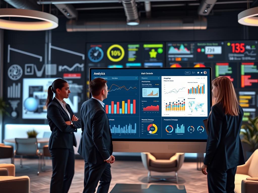 A sleek and modern web platform interface displayed on a large computer screen, showcasing graphs and analytics representing survey results. In the foreground, a diverse group of professionals in smart business attire collaborates around the screen, appearing engaged and focused. The middle ground features a contemporary office setting with stylish furniture and ambient lighting that creates a welcoming atmosphere. In the background, a wall adorned with visual data displays and digital analytics readouts adds depth to the scene. The lighting is soft yet bright, highlighting the professionals' expressions of curiosity and collaboration. The overall mood is dynamic and professional, encapsulating the essence of a multichannel analytics platform used for surveys. A sleek and modern web platform interface displayed on a large computer screen, showcasing graphs and analytics representing survey results. In the foreground, a diverse group of professionals in smart business attire collaborates around the screen, appearing engaged and focused. The middle ground features a contemporary office setting with stylish furniture and ambient lighting that creates a welcoming atmosphere. In the background, a wall adorned with visual data displays and digital analytics readouts adds depth to the scene. The lighting is soft yet bright, highlighting the professionals' expressions of curiosity and collaboration. The overall mood is dynamic and professional, encapsulating the essence of a multichannel analytics platform used for surveys.