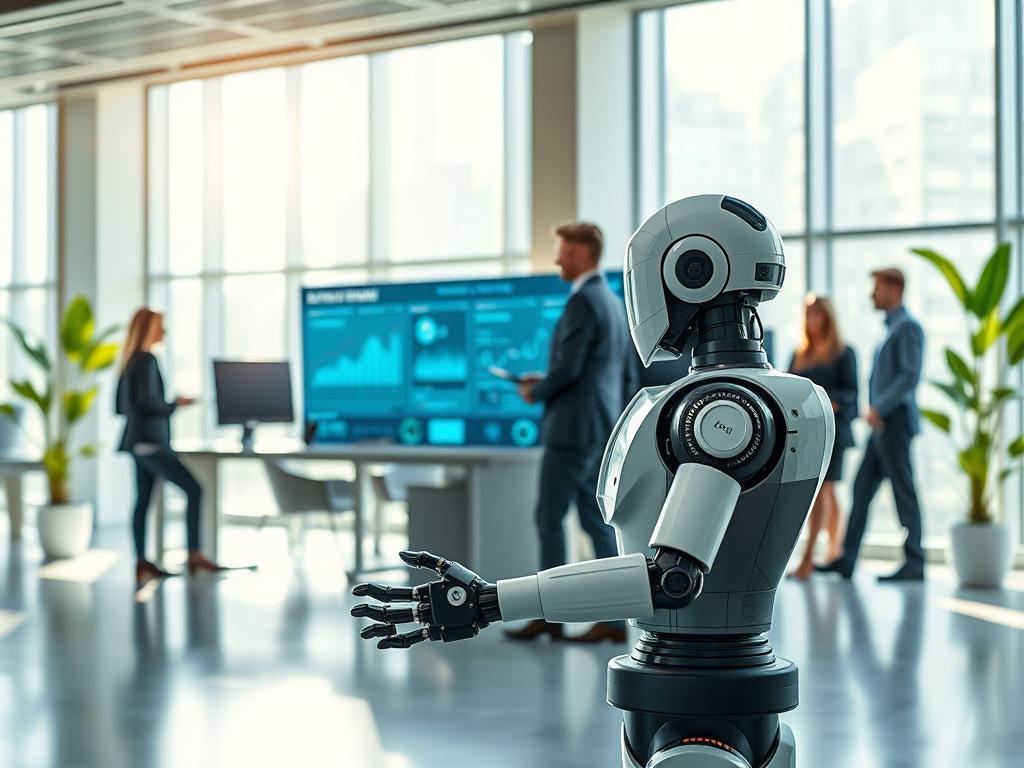 A sleek, modern workspace illuminated by bright, natural light streaming through large windows. In the foreground, an advanced robotic automation system processes data and performs tasks, symbolizing efficiency and precision. Midground features a diverse team of professionals in business attire, actively collaborating around a digital dashboard displaying real-time analytics and automation metrics. The background showcases a futuristic office environment with high-tech monitors and soft green plants, creating a fresh, innovative atmosphere. The overall composition emphasizes the contrast between traditional testing methods and cutting-edge automation technology, with a focus on clarity and productivity. The mood is dynamic and inspiring, reflecting a progressive approach to app testing. A sleek, modern workspace illuminated by bright, natural light streaming through large windows. In the foreground, an advanced robotic automation system processes data and performs tasks, symbolizing efficiency and precision. Midground features a diverse team of professionals in business attire, actively collaborating around a digital dashboard displaying real-time analytics and automation metrics. The background showcases a futuristic office environment with high-tech monitors and soft green plants, creating a fresh, innovative atmosphere. The overall composition emphasizes the contrast between traditional testing methods and cutting-edge automation technology, with a focus on clarity and productivity. The mood is dynamic and inspiring, reflecting a progressive approach to app testing.